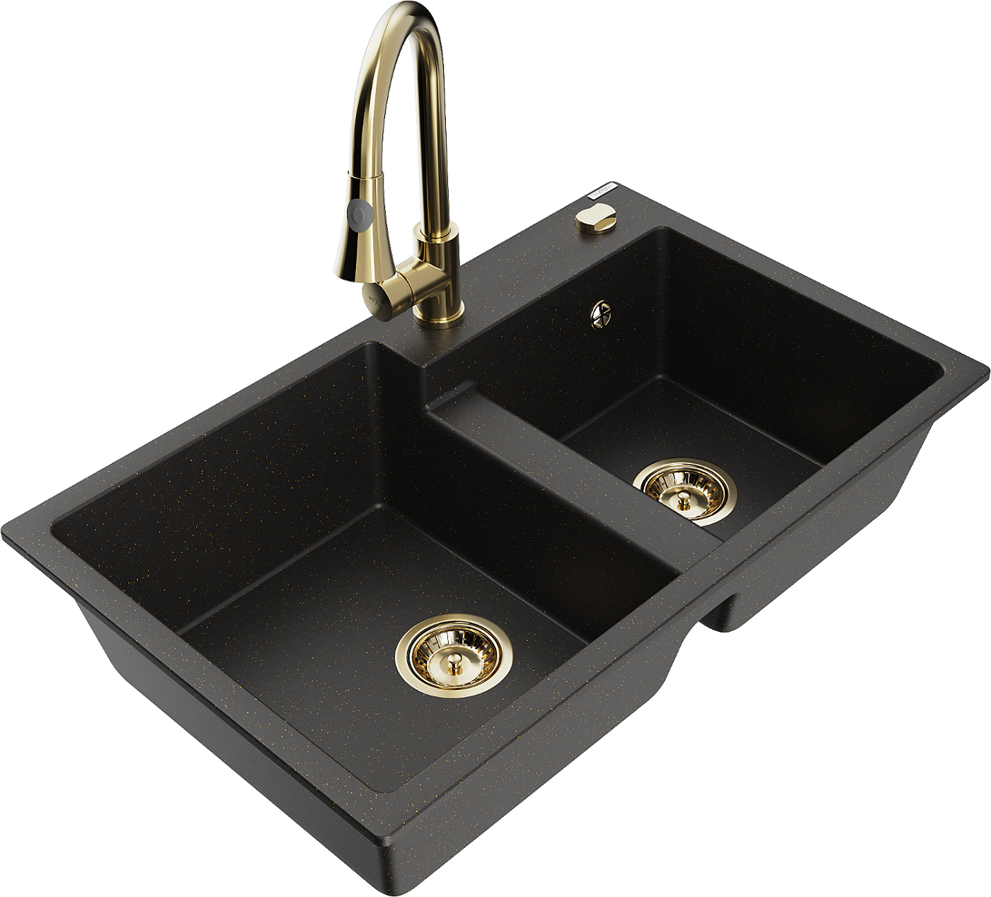 Mexen Tomas zlewozmywak granitowy 2-komorowy z baterią kuchenną Elia, czarny/złoty metalik - 6516-75-670101-50