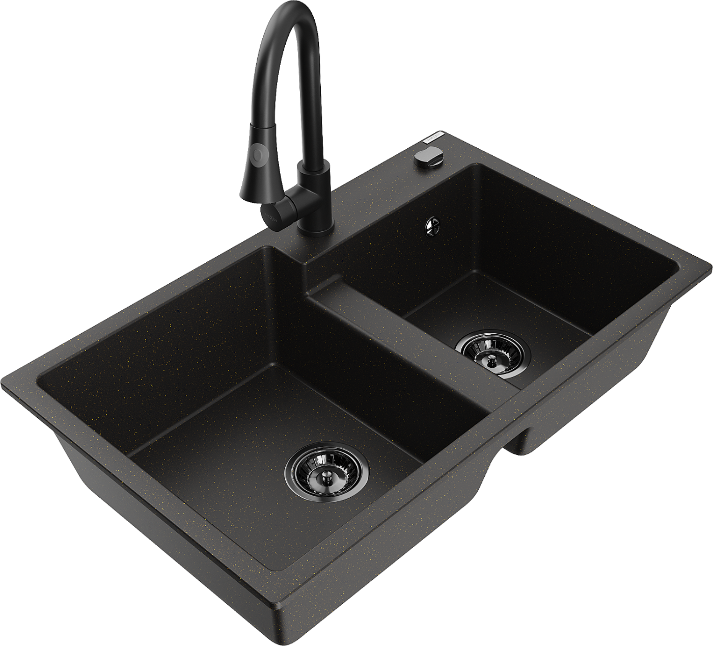 Mexen Tomas zlewozmywak granitowy 2-komorowy z baterią kuchenną Elia, czarny/złoty metalik - 6516-75-670101-70-B