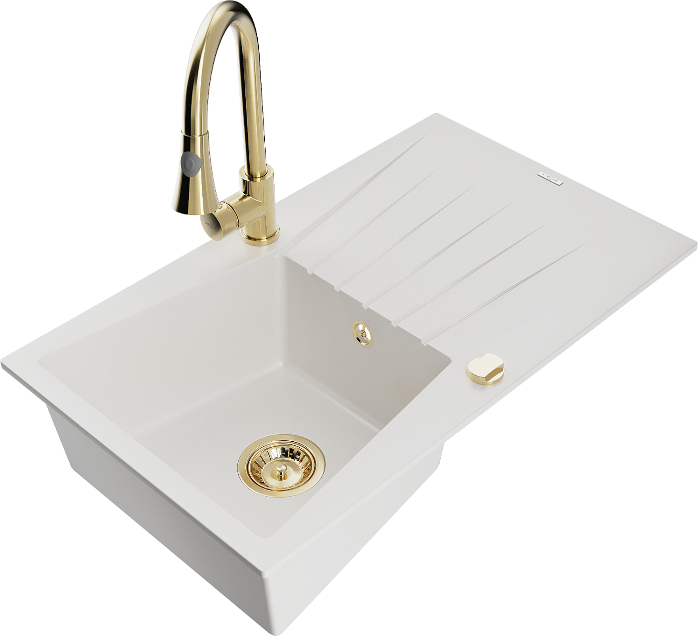 Mexen Cesar zlewozmywak granitowy 1-komorowy z ociekaczem i baterią kuchenną Elia, biały - 6514-20-670101-50