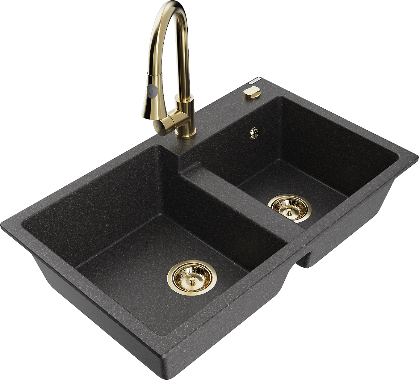 Mexen Tomas zlewozmywak granitowy 2-komorowy z baterią kuchenną Elia, czarny nakrapiany - 6516-76-670101-50