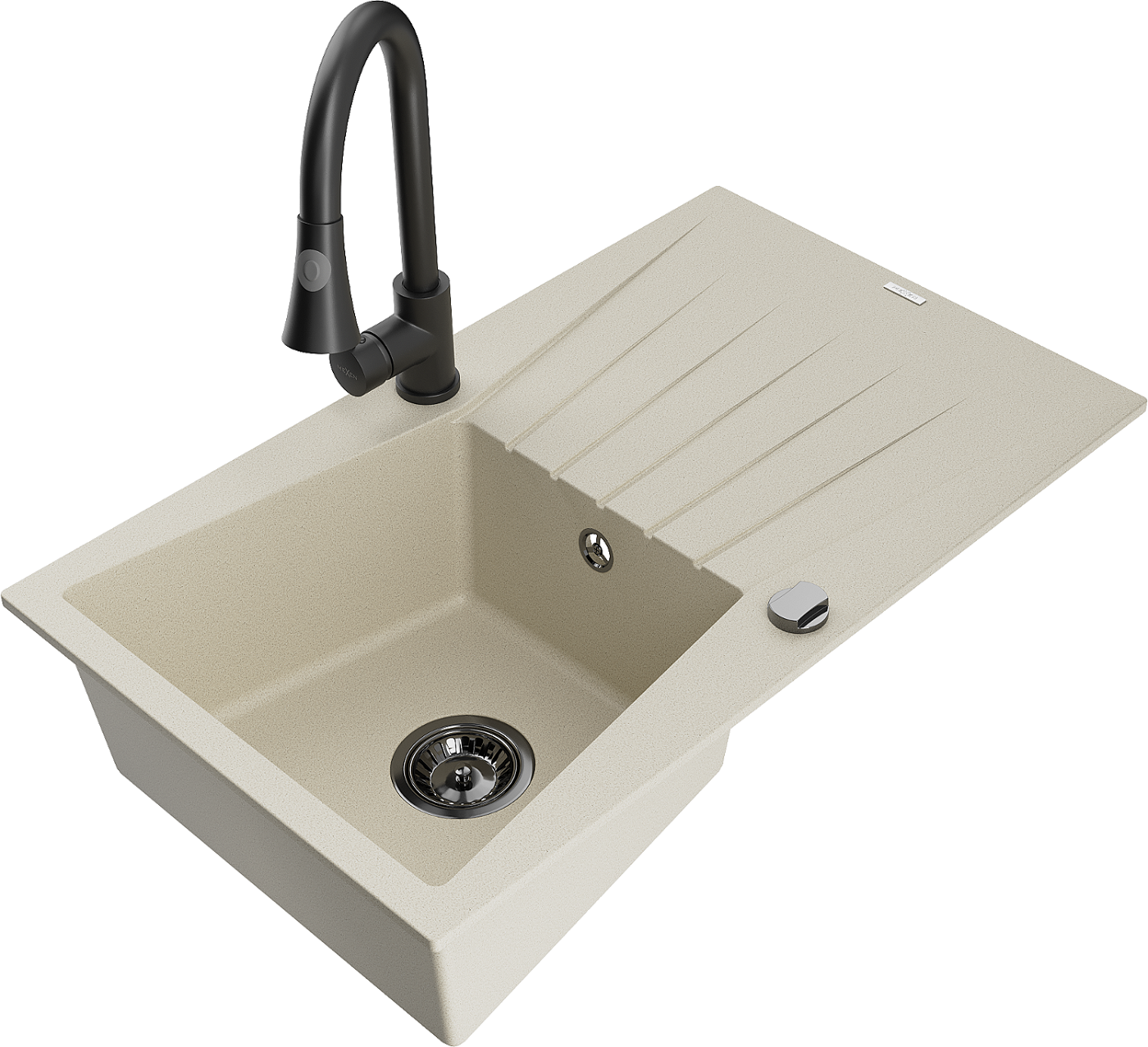 Mexen Cesar zlewozmywak granitowy 1-komorowy z ociekaczem i baterią kuchenną Elia, beżowy - 6514-69-670101-70
