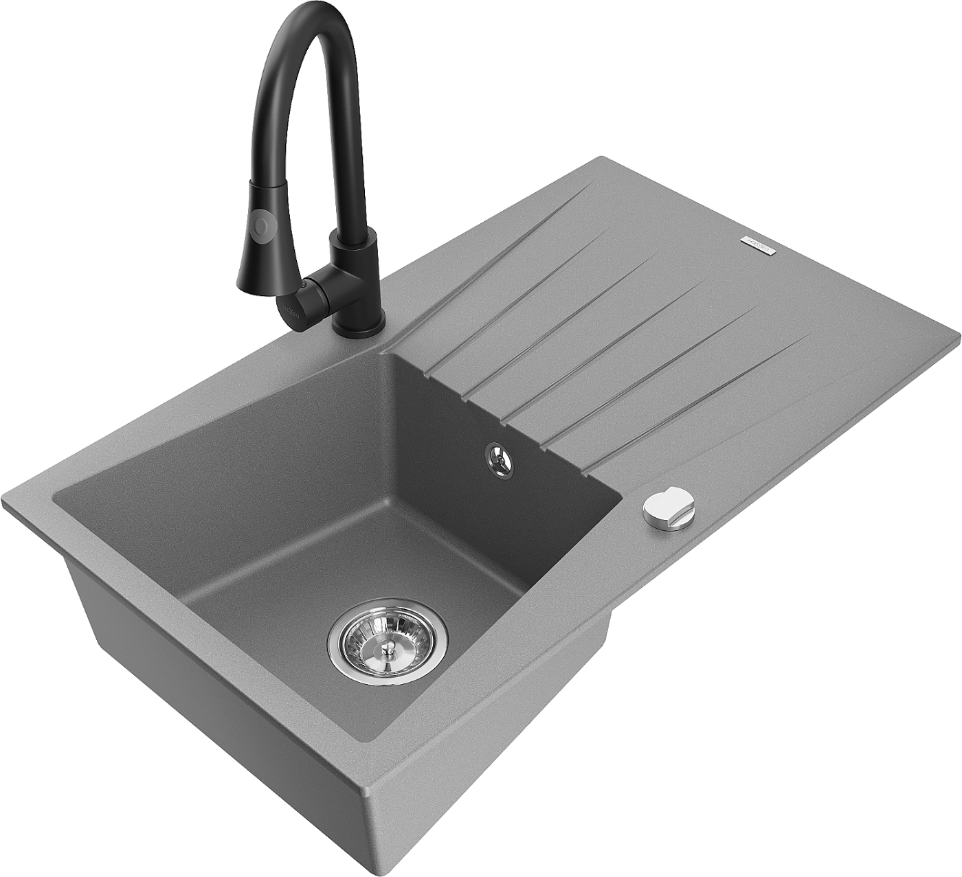 Mexen Cesar zlewozmywak granitowy 1-komorowy z ociekaczem i baterią kuchenną Elia, szary - 6514-71-670101-70