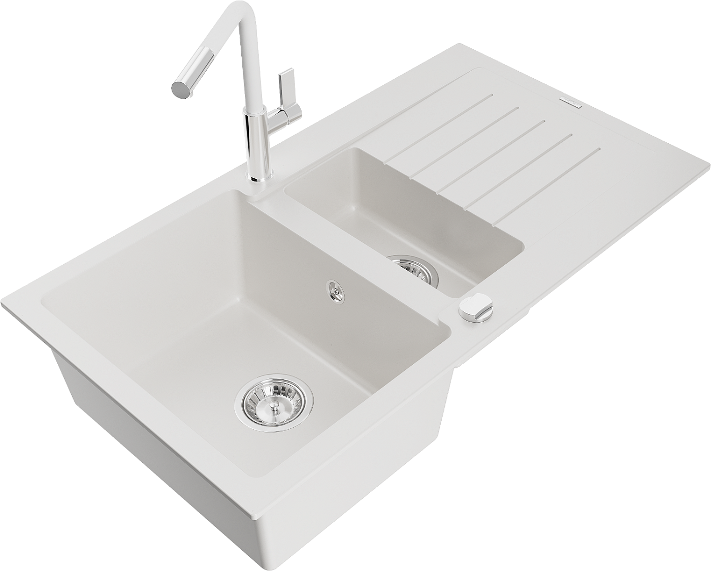 Mexen Matias zlewozmywak granitowy 1,5-komorowy z ociekaczem i baterią kuchenną Flora, biały - 6502-20-670401-02