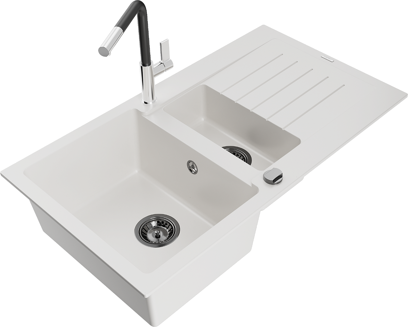 Mexen Matias zlewozmywak granitowy 1,5-komorowy z ociekaczem i baterią kuchenną Flora, biały - 6502-20-670401-07-B