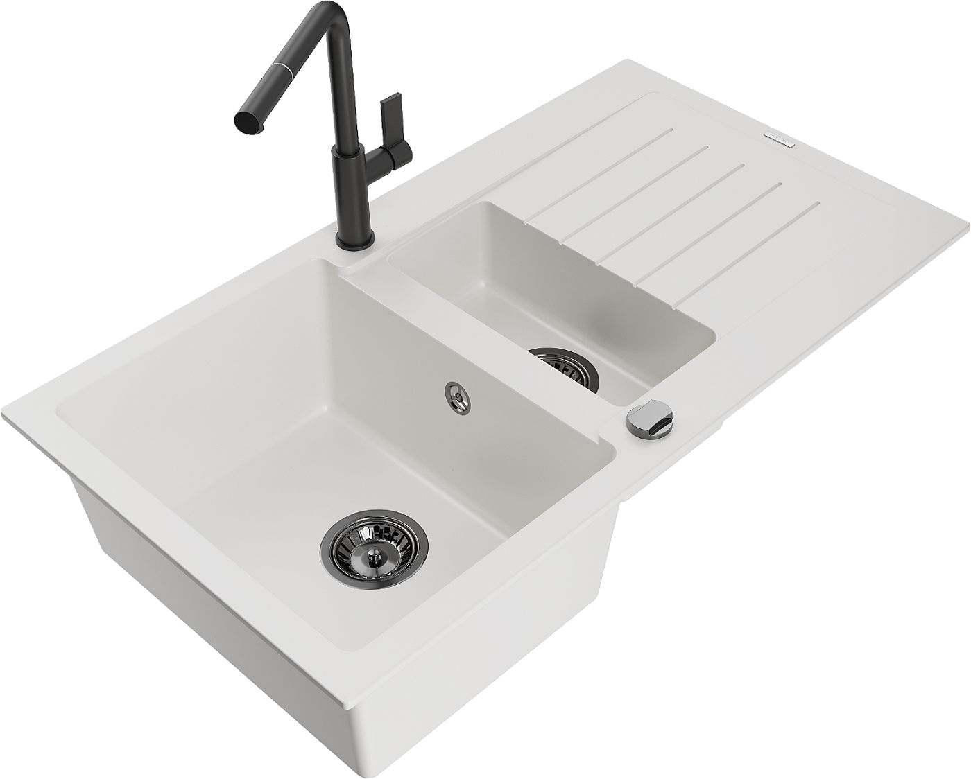 Mexen Matias zlewozmywak granitowy 1,5-komorowy z ociekaczem i baterią kuchenną Flora, biały - 6502-20-670401-70-B