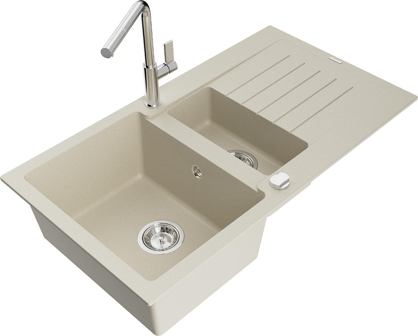 Mexen Matias zlewozmywak granitowy 1,5-komorowy z ociekaczem i baterią kuchenną Flora, beżowy - 6502-69-670401-00