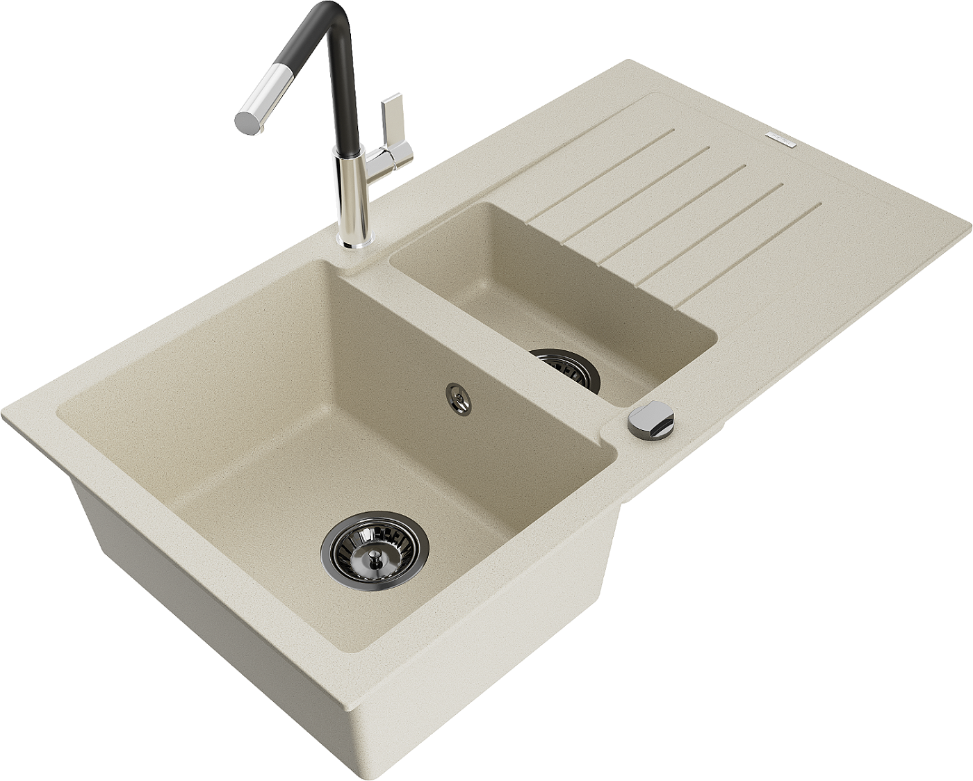 Mexen Matias zlewozmywak granitowy 1,5-komorowy z ociekaczem i baterią kuchenną Flora, beżowy - 6502-69-670401-07-B