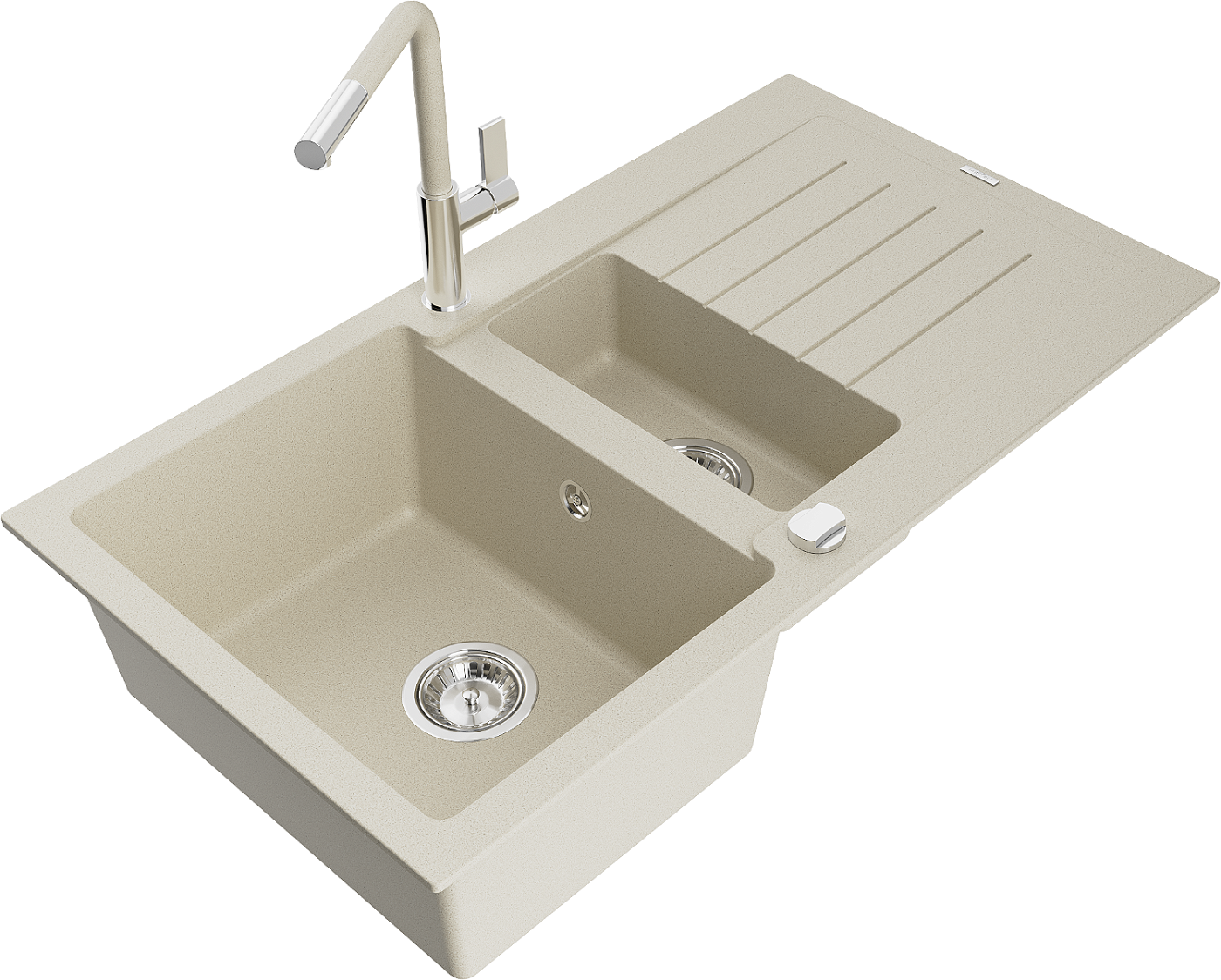 Mexen Matias zlewozmywak granitowy 1,5-komorowy z ociekaczem i baterią kuchenną Flora, beżowy - 6502-69-670401-09