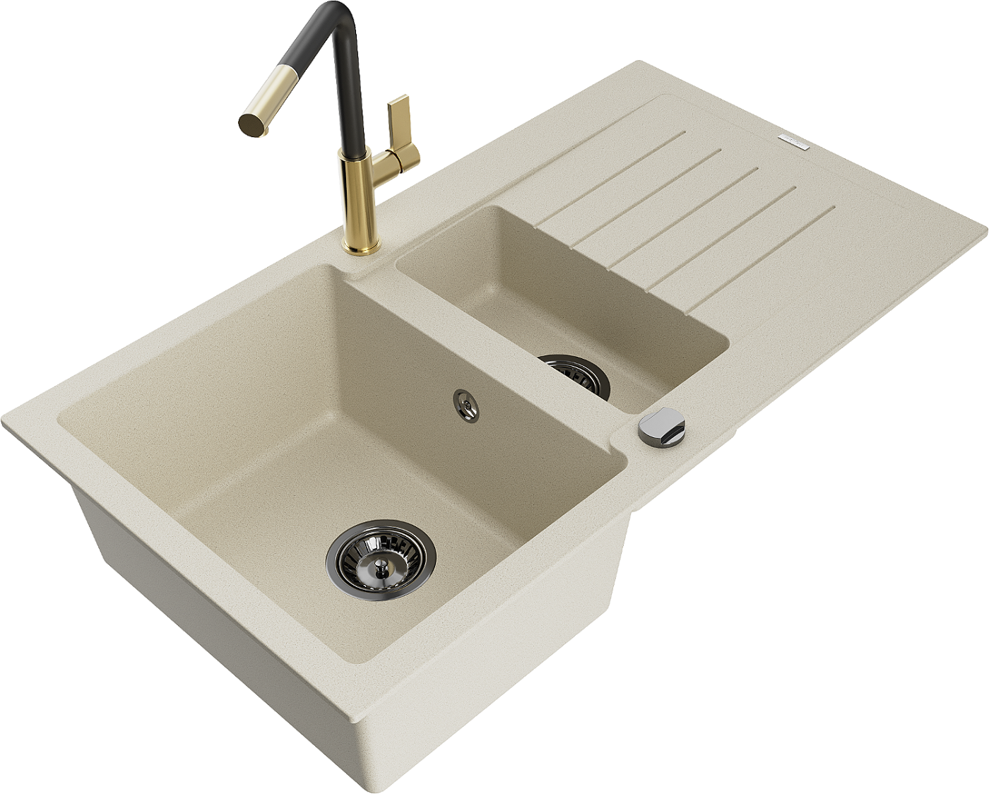 Mexen Matias zlewozmywak granitowy 1,5-komorowy z ociekaczem i baterią kuchenną Flora, beżowy - 6502-69-670401-57-B
