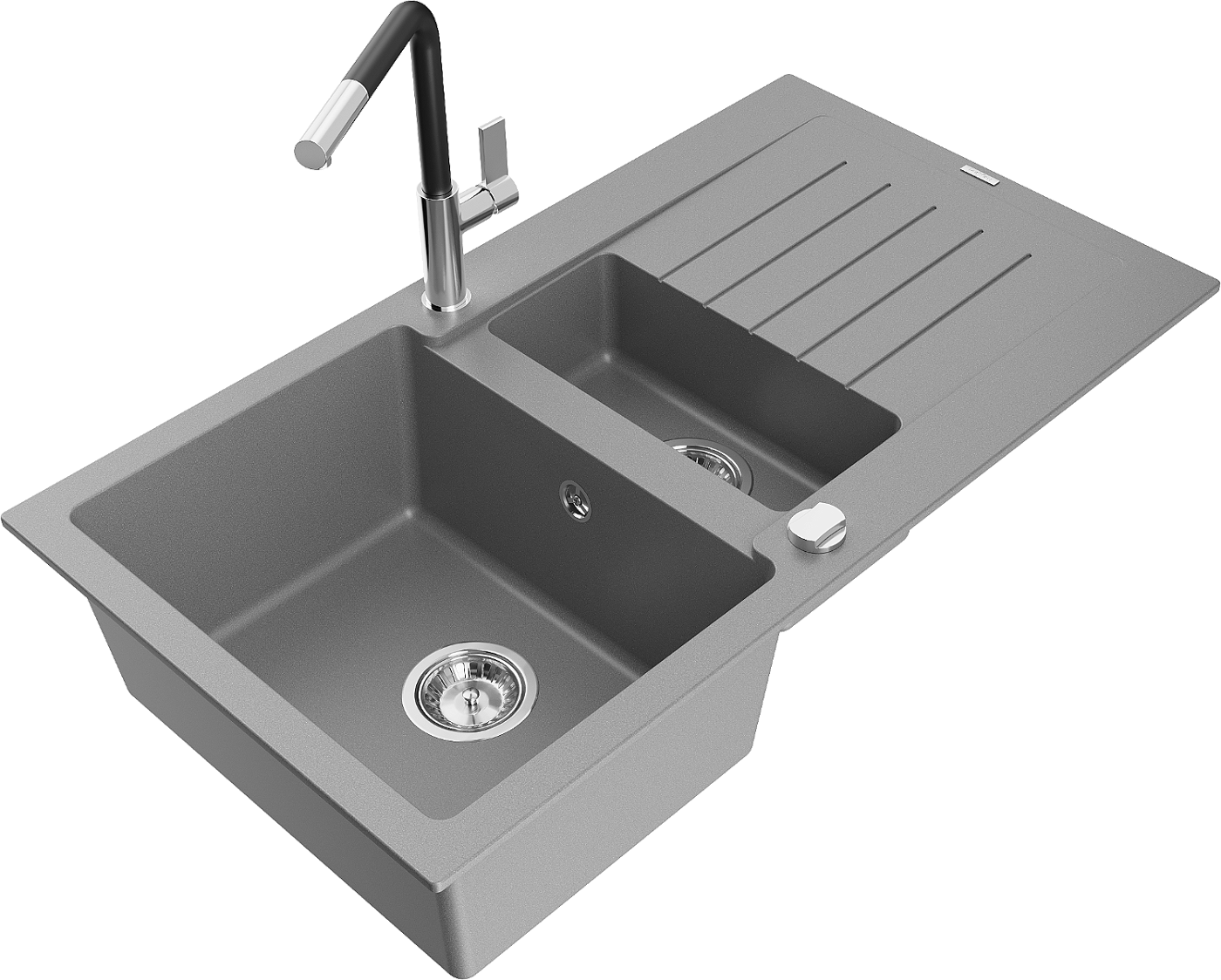 Mexen Matias zlewozmywak granitowy 1,5-komorowy z ociekaczem i baterią kuchenną Flora, szary - 6502-71-670401-07