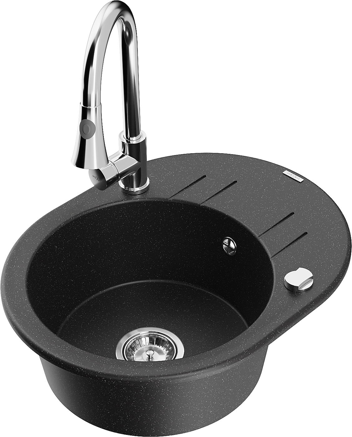 Mexen Kevin zlewozmywak granitowy 1-komorowy z ociekaczem i baterią kuchenną Elia, czarny/srebrny metalik - 6517-73-670101-00