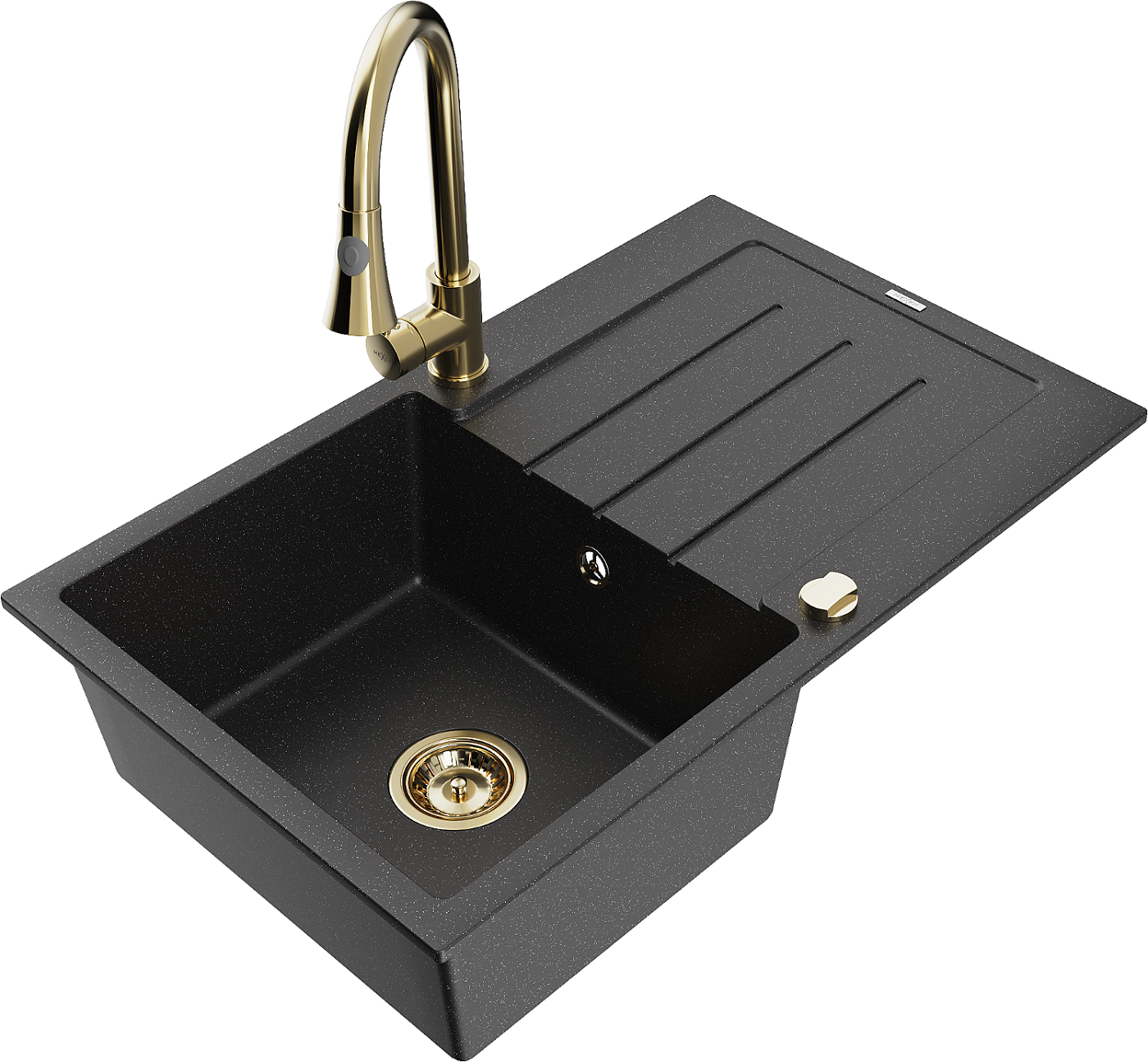 Mexen Bruno zlewozmywak granitowy 1-komorowy z ociekaczem i baterią kuchenną Elia, czarny/srebrny metalik - 6513-73-670101-50
