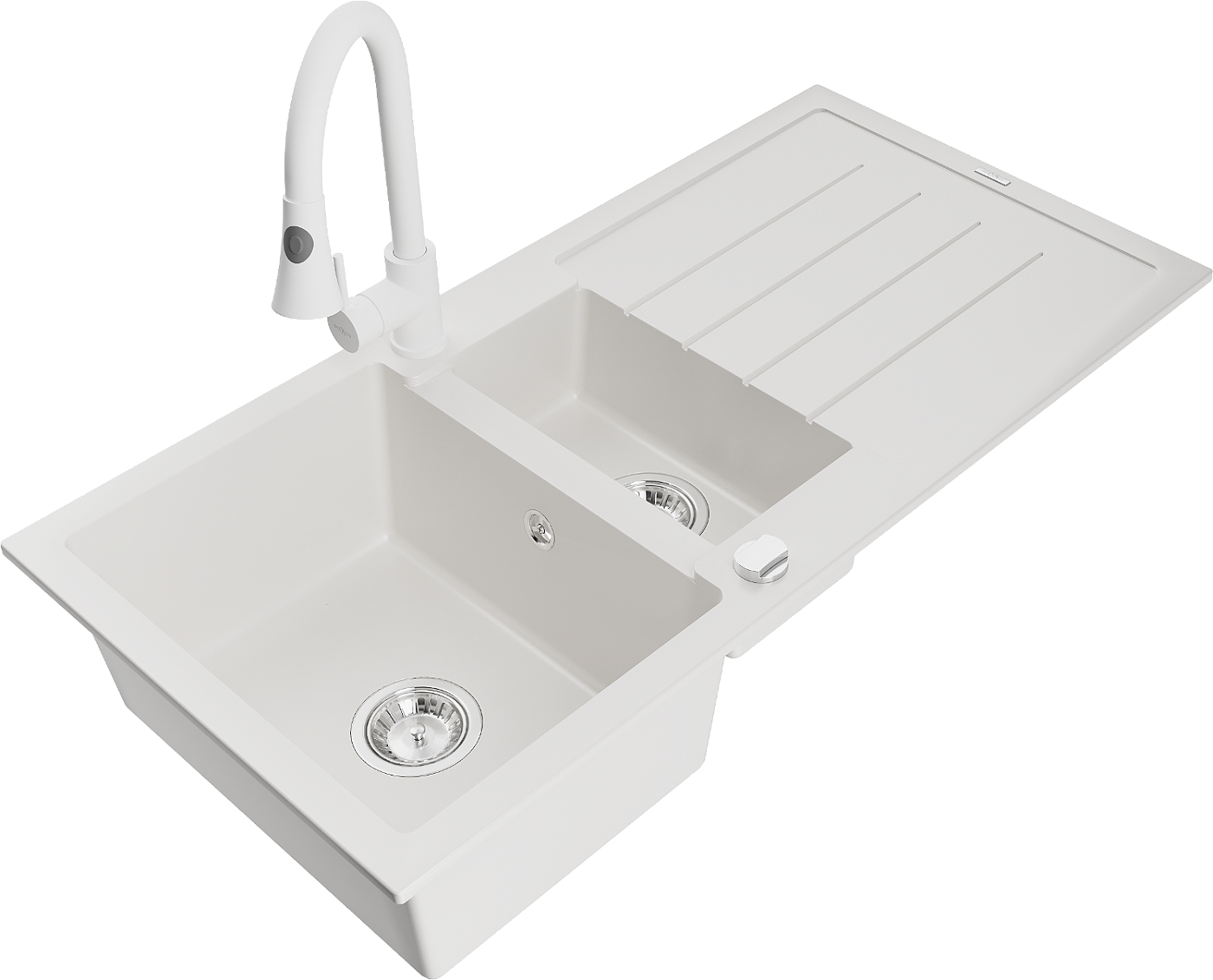 Mexen Andres zlewozmywak granitowy 1,5-komorowy z ociekaczem i baterią kuchenną Elia, biały - 6515-20-670101-20