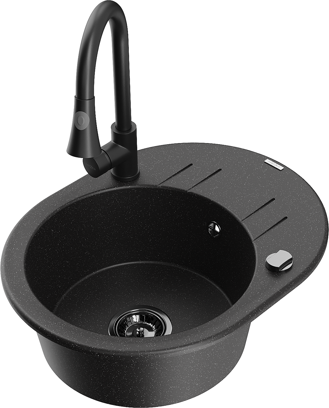 Mexen Kevin zlewozmywak granitowy 1-komorowy z ociekaczem i baterią kuchenną Elia, czarny/srebrny metalik - 6517-73-670101-70-B