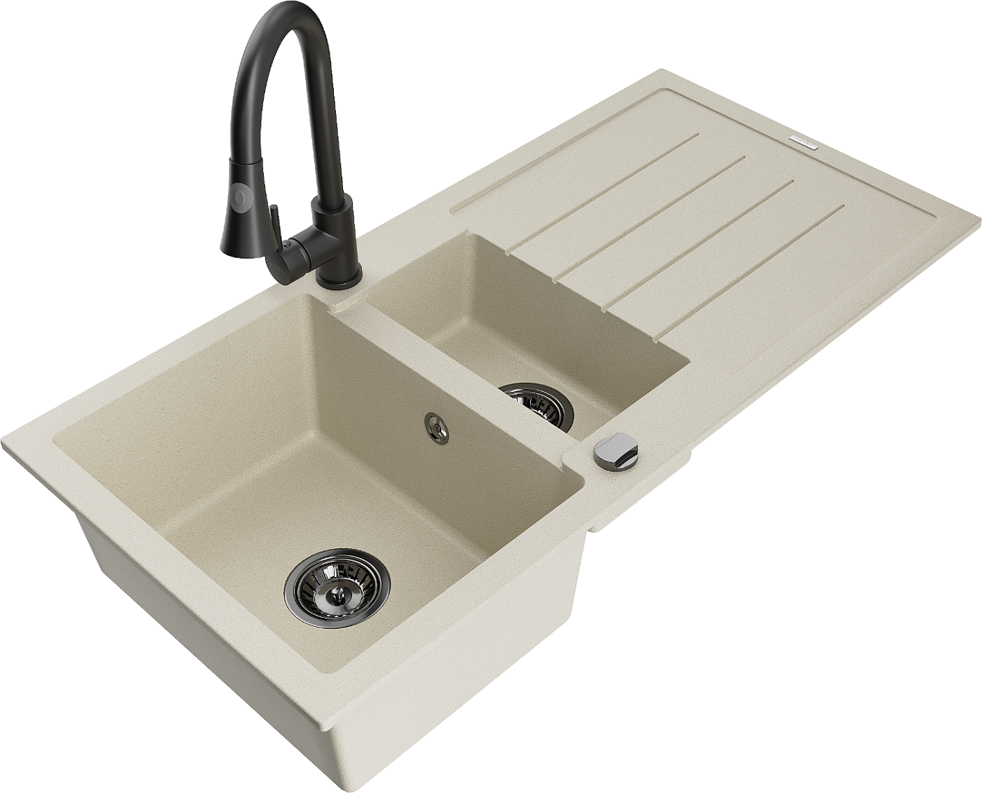 Mexen Andres zlewozmywak granitowy 1,5-komorowy z ociekaczem i baterią kuchenną Elia, beżowy - 6515-69-670101-70