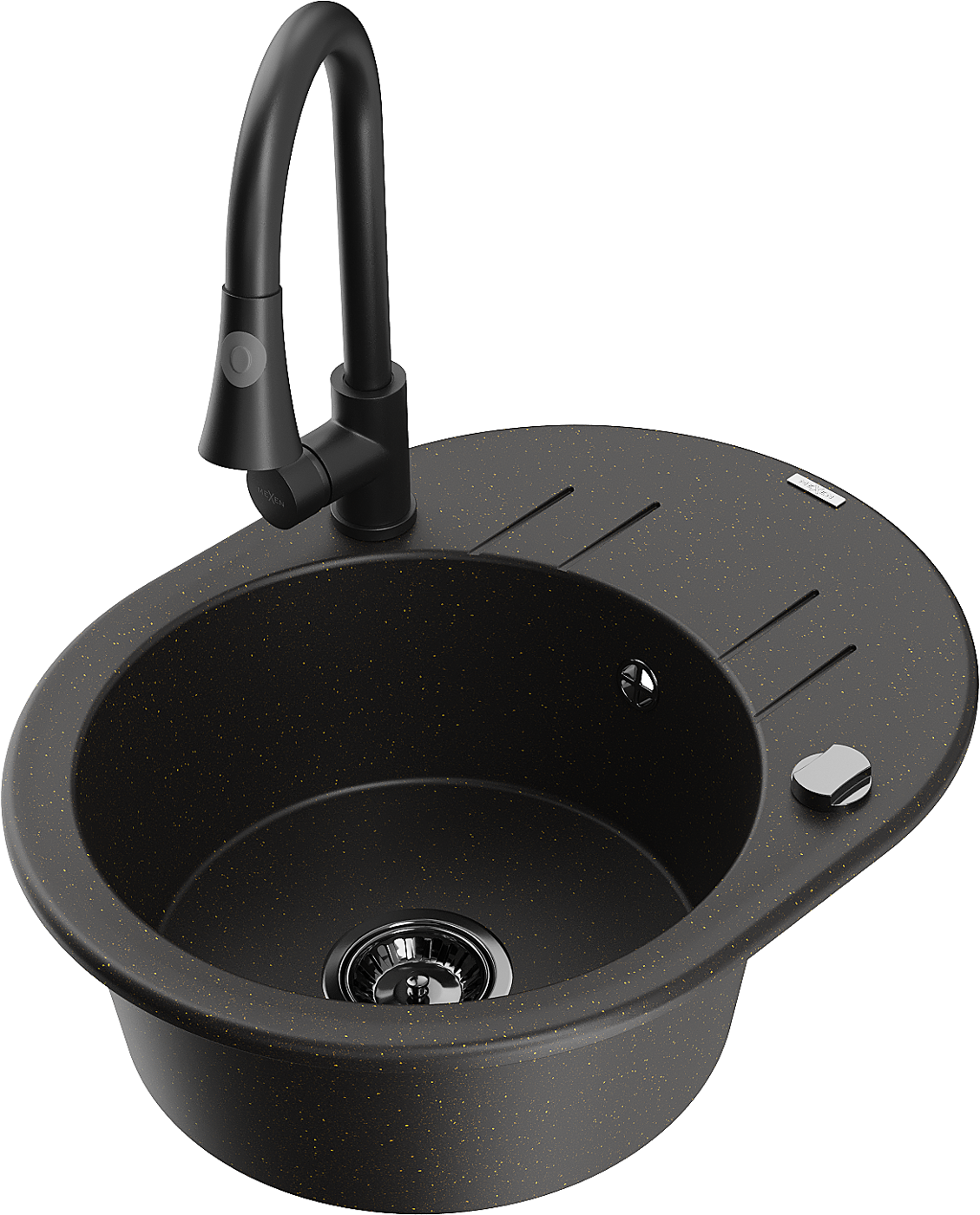 Mexen Kevin zlewozmywak granitowy 1-komorowy z ociekaczem i baterią kuchenną Elia, czarny/złoty metalik - 6517-75-670101-70-B