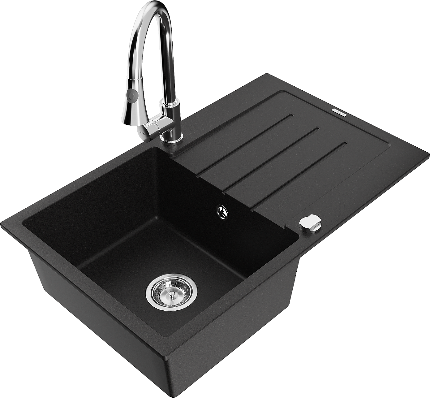 Mexen Bruno zlewozmywak granitowy 1-komorowy z ociekaczem i baterią kuchenną Elia, czarny - 6513-77-670101-00