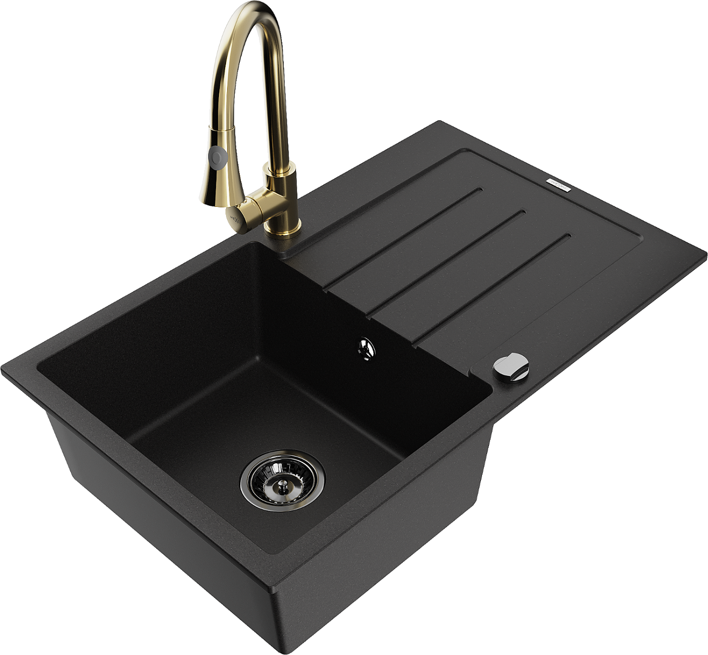 Mexen Bruno zlewozmywak granitowy 1-komorowy z ociekaczem i baterią kuchenną Elia, czarny - 6513-77-670101-50-B