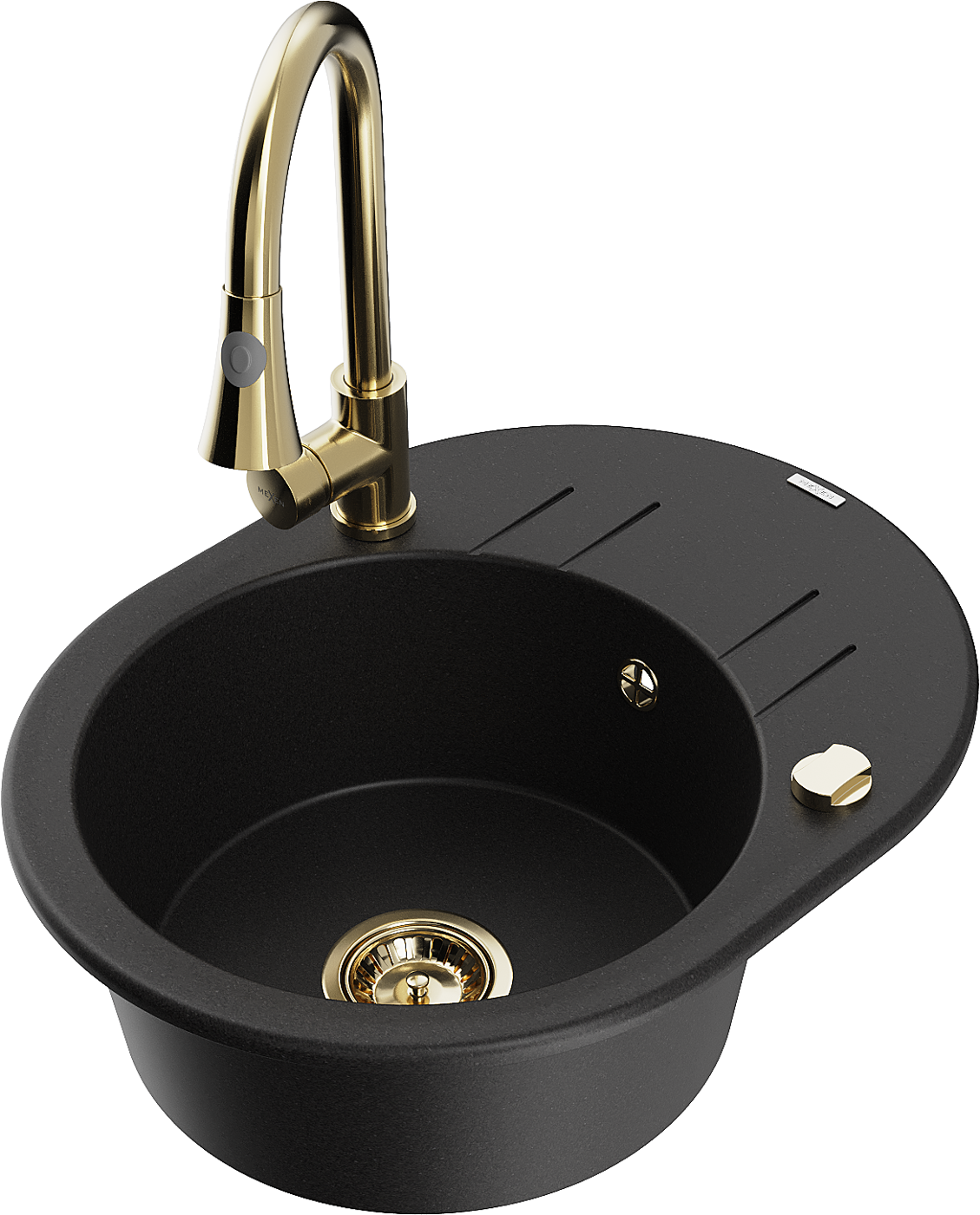 Mexen Kevin zlewozmywak granitowy 1-komorowy z ociekaczem i baterią kuchenną Elia, czarny - 6517-77-670101-50