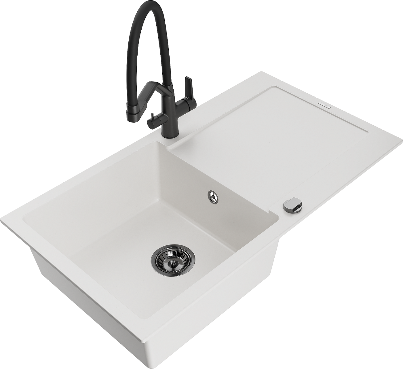 Mexen Leo zlewozmywak granitowy 1-komorowy z ociekaczem i baterią kuchenną Duo, biały - 6501-20-671701-70-B