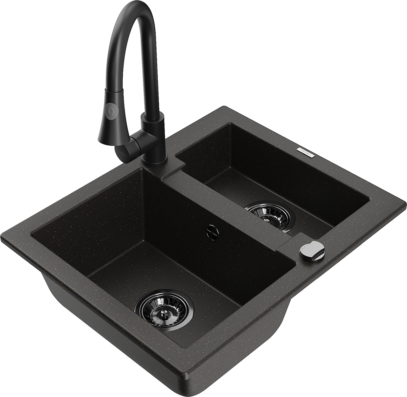 Mexen Carlos zlewozmywak granitowy 1,5-komorowy z baterią kuchenną Elia, czarny/złoty metalik - 6518-75-670101-70-B