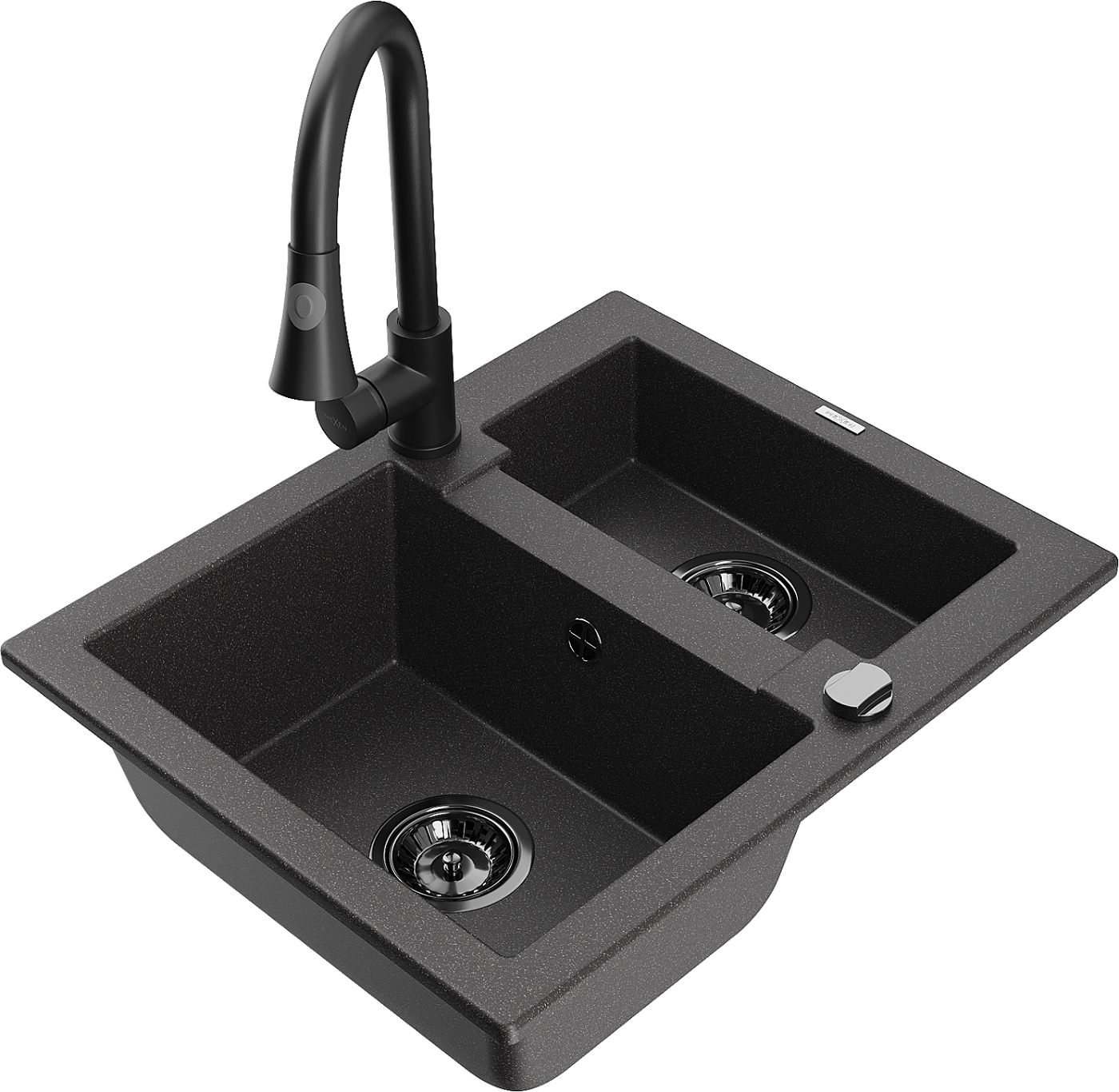 Mexen Carlos zlewozmywak granitowy 1,5-komorowy z baterią kuchenną Elia, czarny nakrapiany - 6518-76-670101-70-B