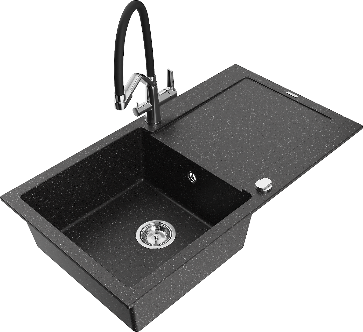Mexen Leo zlewozmywak granitowy 1-komorowy z ociekaczem i baterią kuchenną Duo, czarny/srebrny metalik - 6501-73-671701-07