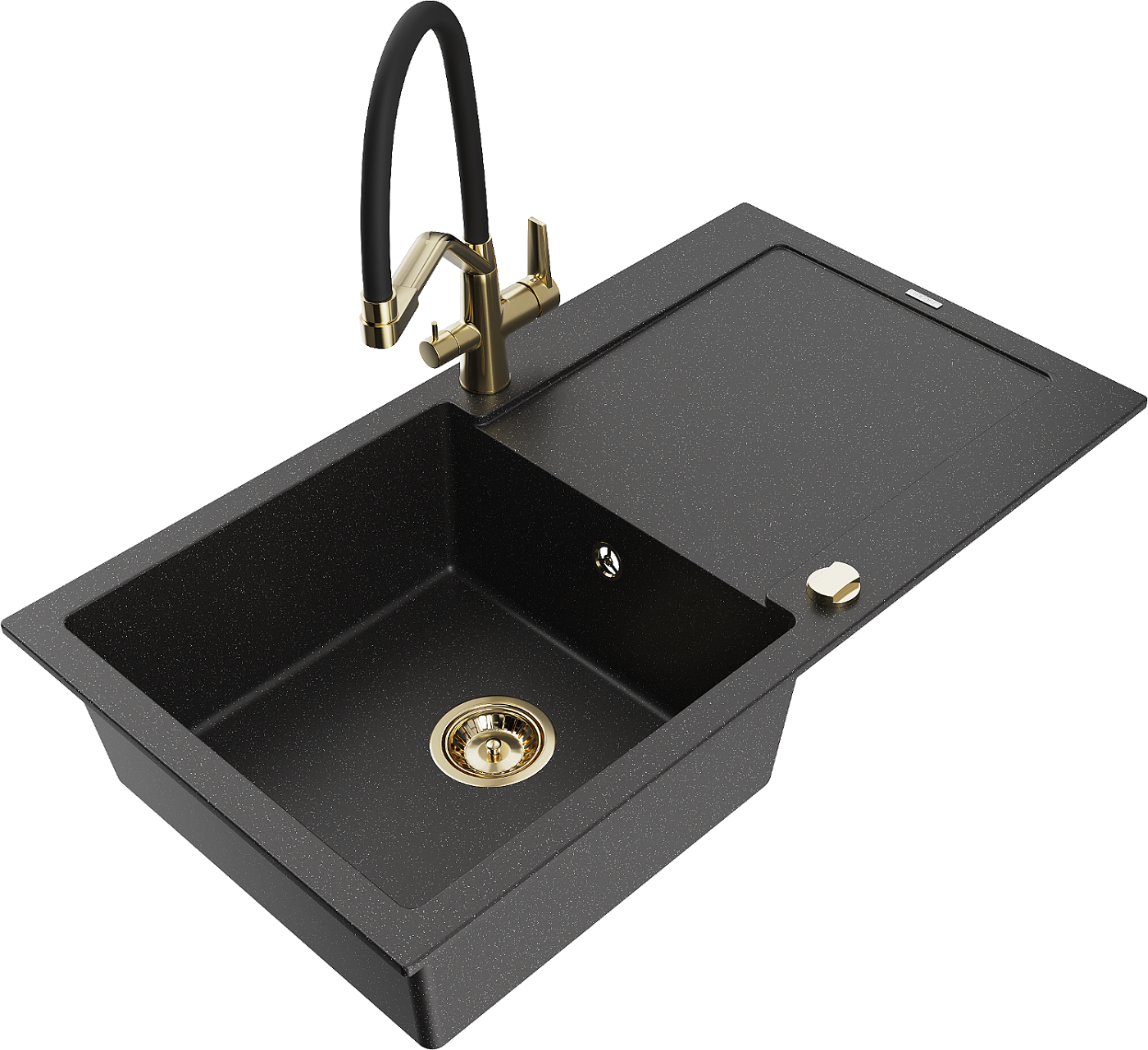 Mexen Leo zlewozmywak granitowy 1-komorowy z ociekaczem i baterią kuchenną Duo, czarny/srebrny metalik - 6501-73-671701-57-G