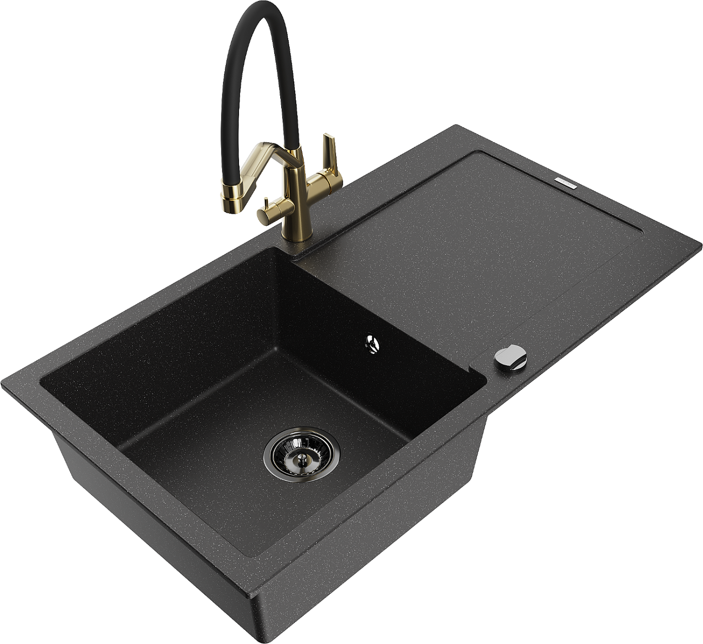 Mexen Leo zlewozmywak granitowy 1-komorowy z ociekaczem i baterią kuchenną Duo, czarny/srebrny metalik - 6501-73-671701-57-B