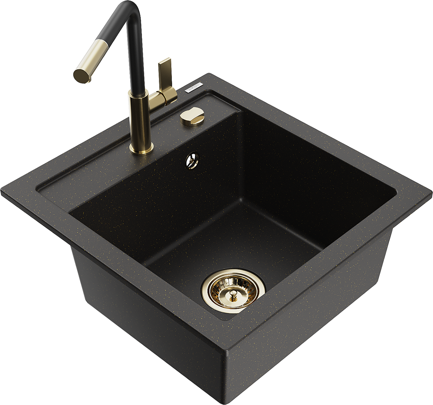 Mexen Vito zlewozmywak granitowy 1-komorowy z baterią kuchenną Flora, czarny/złoty metalik - 6503-75-670401-57-G