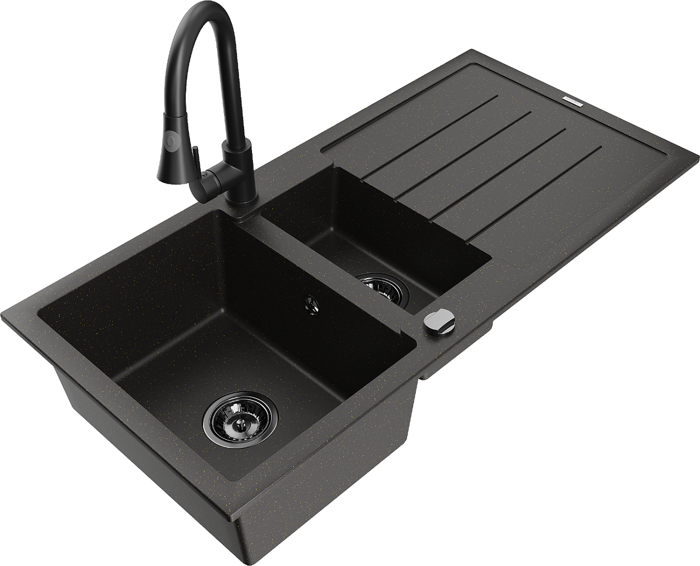 Mexen Andres zlewozmywak granitowy 1,5-komorowy z ociekaczem i baterią kuchenną Elia, czarny/złoty metalik - 6515-75-670101-70-B