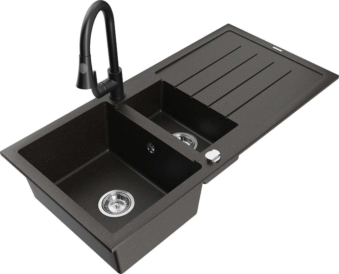 Mexen Andres zlewozmywak granitowy 1,5-komorowy z ociekaczem i baterią kuchenną Elia, czarny/złoty metalik - 6515-75-670101-70