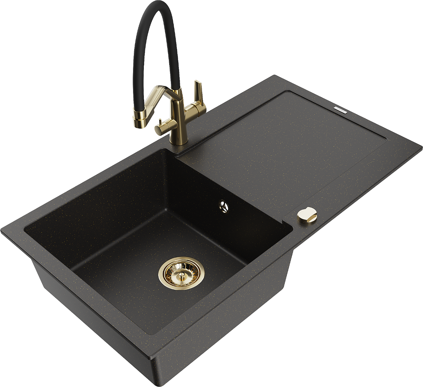 Mexen Leo zlewozmywak granitowy 1-komorowy z ociekaczem i baterią kuchenną Duo, czarny/złoty metalik - 6501-75-671701-57-G