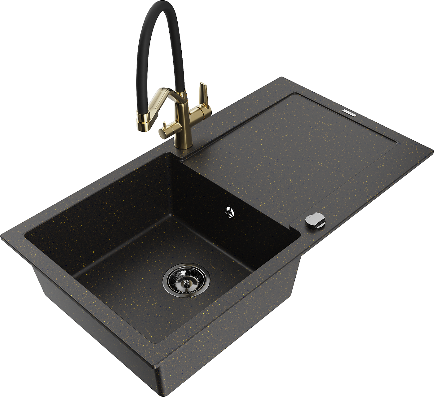 Mexen Leo zlewozmywak granitowy 1-komorowy z ociekaczem i baterią kuchenną Duo, czarny/złoty metalik - 6501-75-671701-57-B
