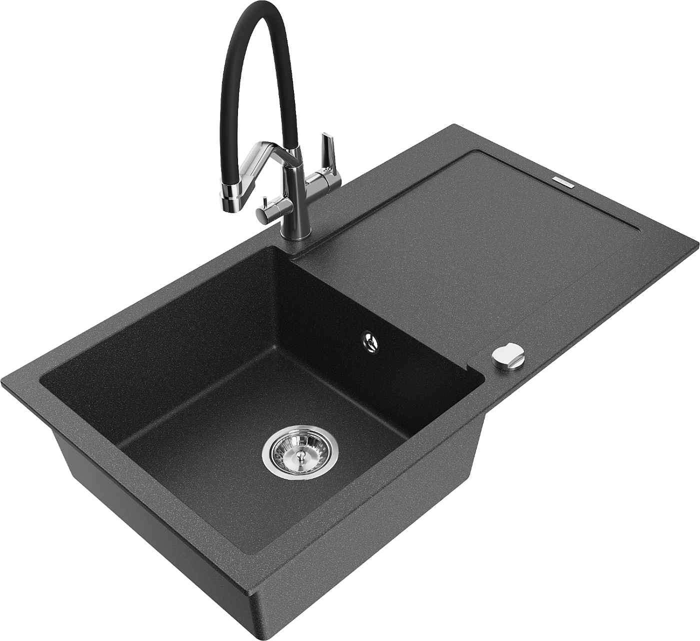 Mexen Leo zlewozmywak granitowy 1-komorowy z ociekaczem i baterią kuchenną Duo, czarny nakrapiany - 6501-76-671701-07
