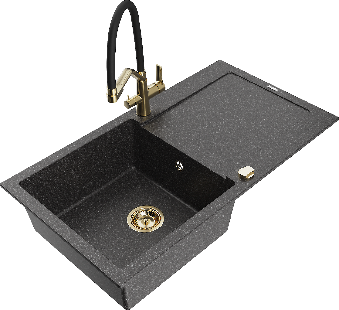 Mexen Leo zlewozmywak granitowy 1-komorowy z ociekaczem i baterią kuchenną Duo, czarny nakrapiany - 6501-76-671701-57-G