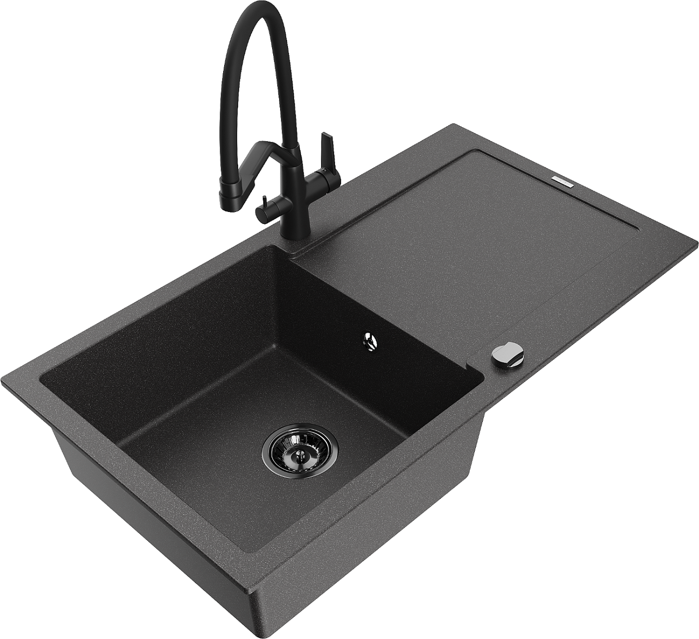 Mexen Leo zlewozmywak granitowy 1-komorowy z ociekaczem i baterią kuchenną Duo, czarny nakrapiany - 6501-76-671701-70-B