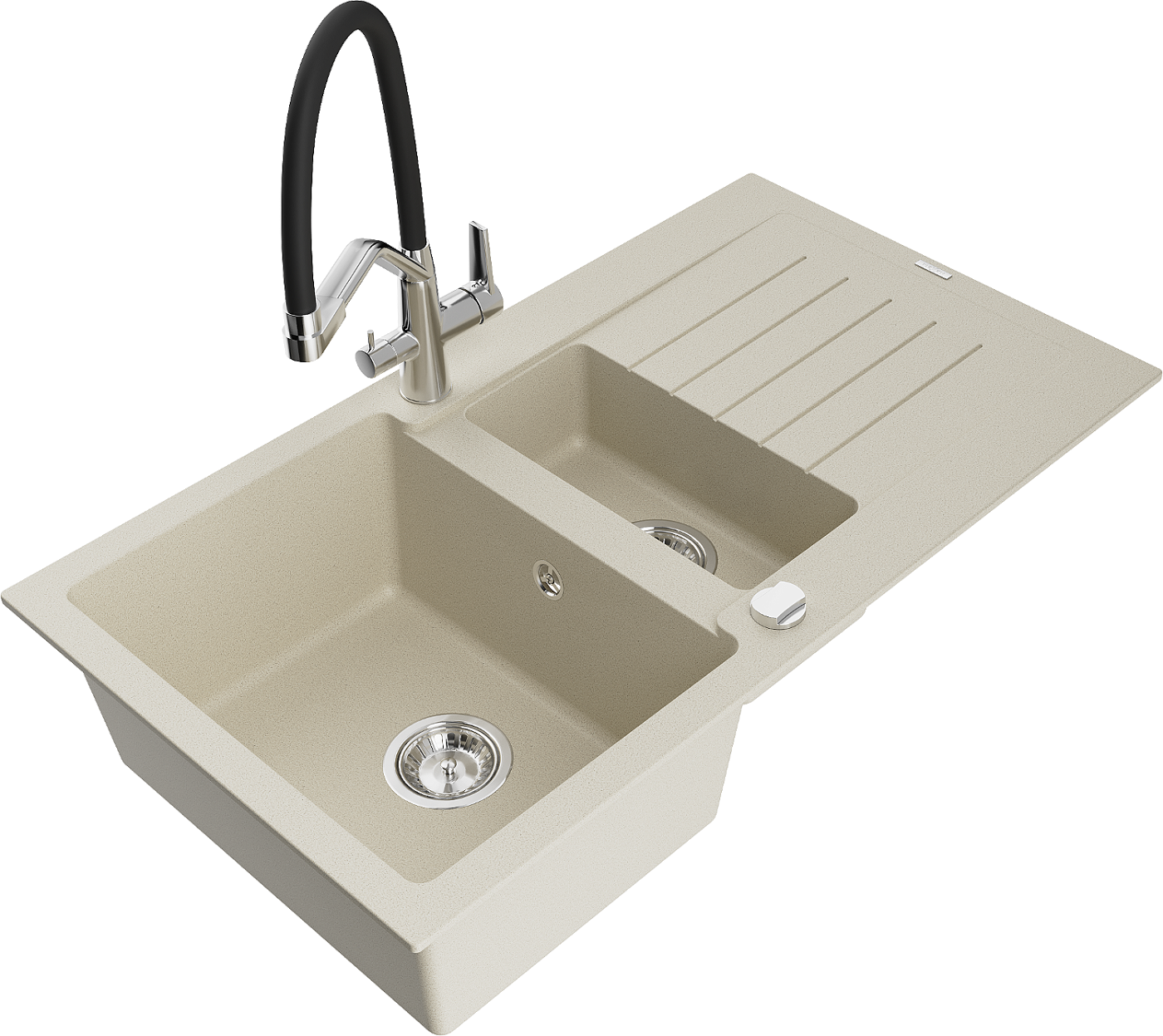 Mexen Matias zlewozmywak granitowy 1,5-komorowy z ociekaczem i baterią kuchenną Duo, beżowy - 6502-69-671701-07