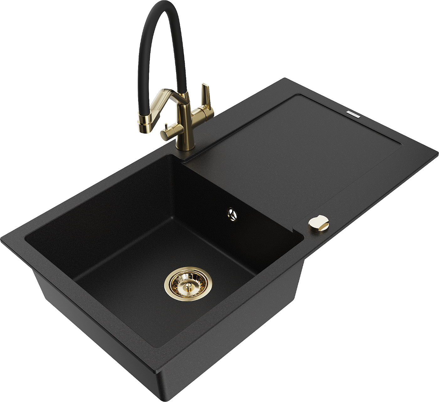 Mexen Leo zlewozmywak granitowy 1-komorowy z ociekaczem i baterią kuchenną Duo, czarny - 6501-77-671701-57-G