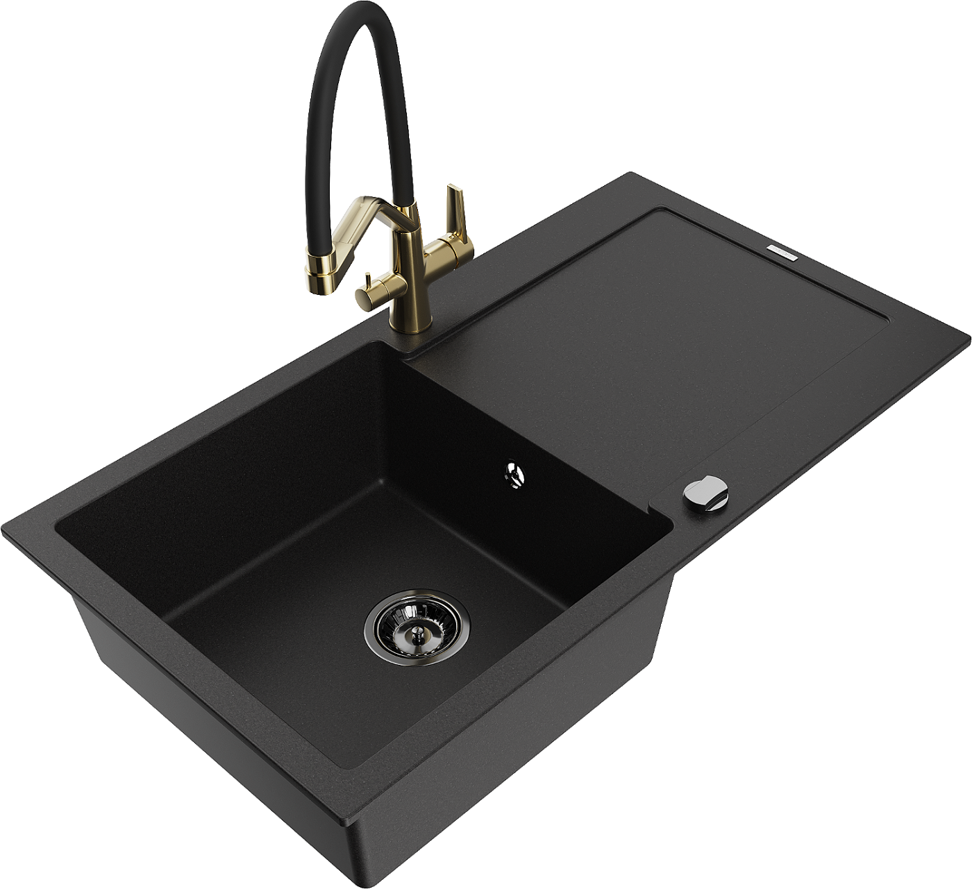 Mexen Leo zlewozmywak granitowy 1-komorowy z ociekaczem i baterią kuchenną Duo, czarny - 6501-77-671701-57-B