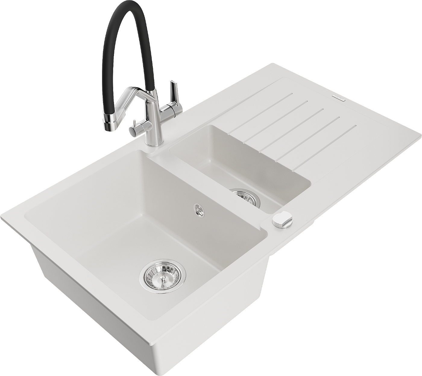Mexen Matias zlewozmywak granitowy 1,5-komorowy z ociekaczem i baterią kuchenną Duo, biały - 6502-20-671701-07