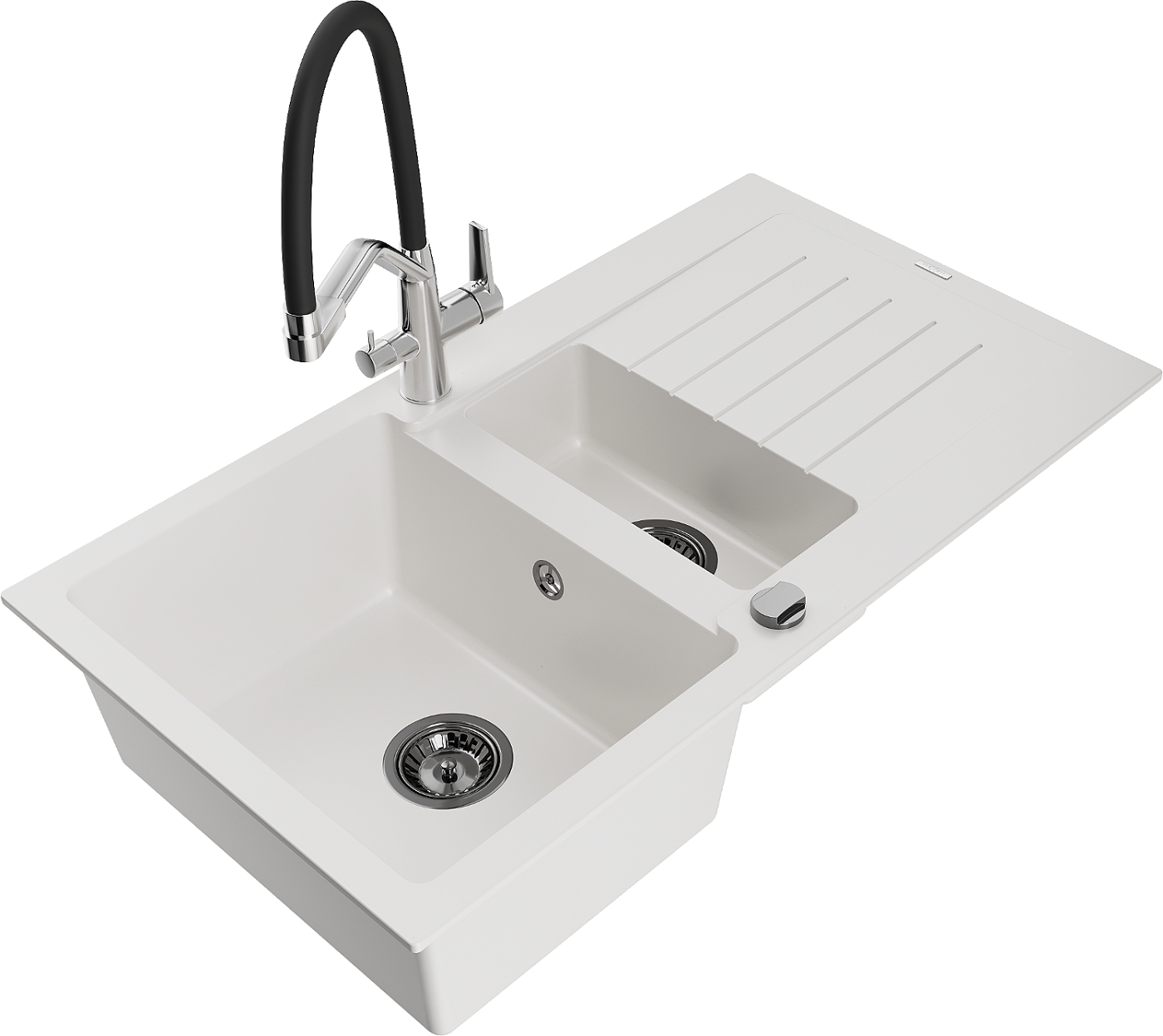 Mexen Matias zlewozmywak granitowy 1,5-komorowy z ociekaczem i baterią kuchenną Duo, biały - 6502-20-671701-07-B