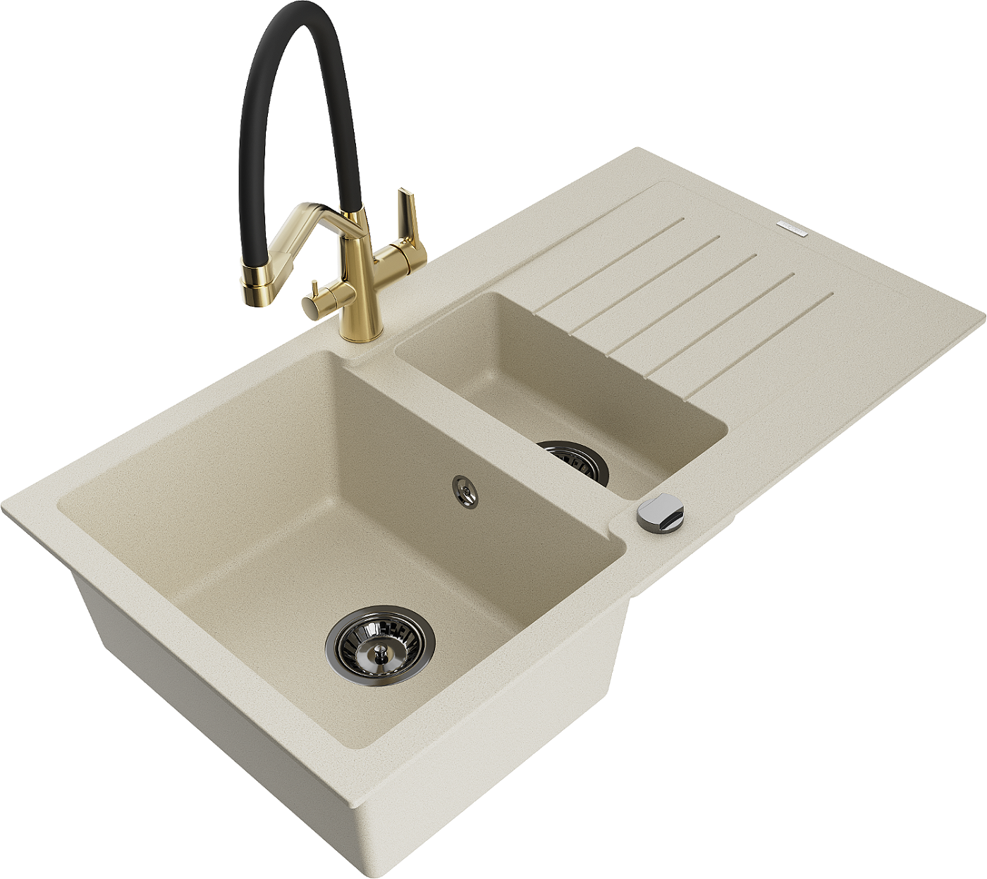Mexen Matias zlewozmywak granitowy 1,5-komorowy z ociekaczem i baterią kuchenną Duo, beżowy - 6502-69-671701-57-B