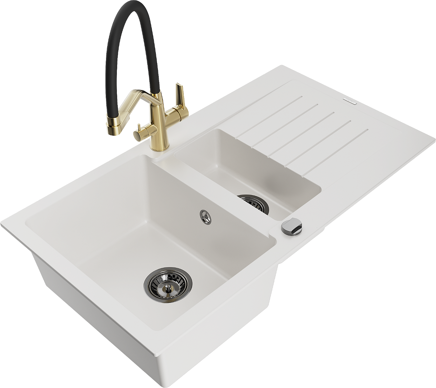 Mexen Matias zlewozmywak granitowy 1,5-komorowy z ociekaczem i baterią kuchenną Duo, biały - 6502-20-671701-57-B