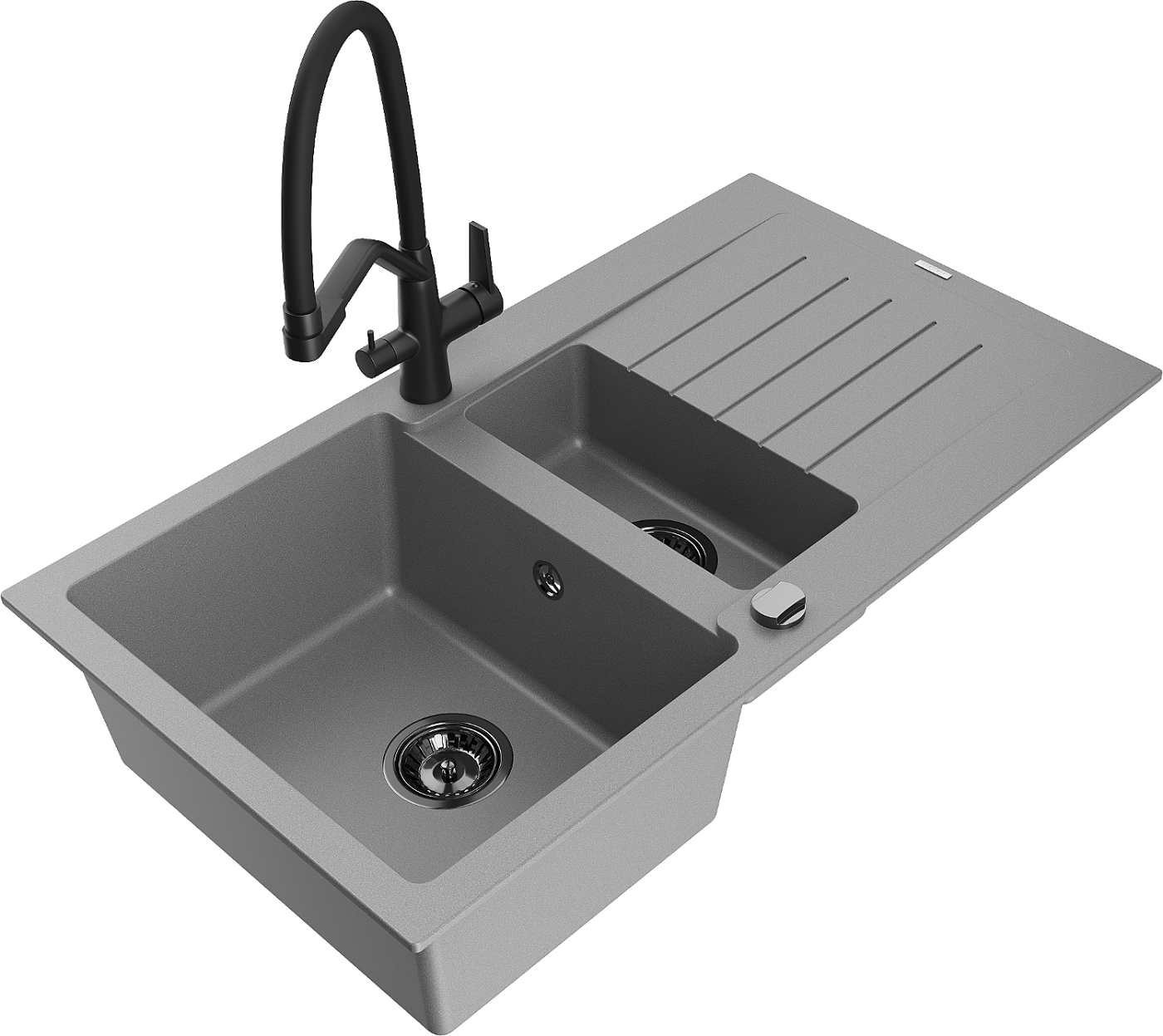 Mexen Matias zlewozmywak granitowy 1,5-komorowy z ociekaczem i baterią kuchenną Duo, szary - 6502-71-671701-70-B