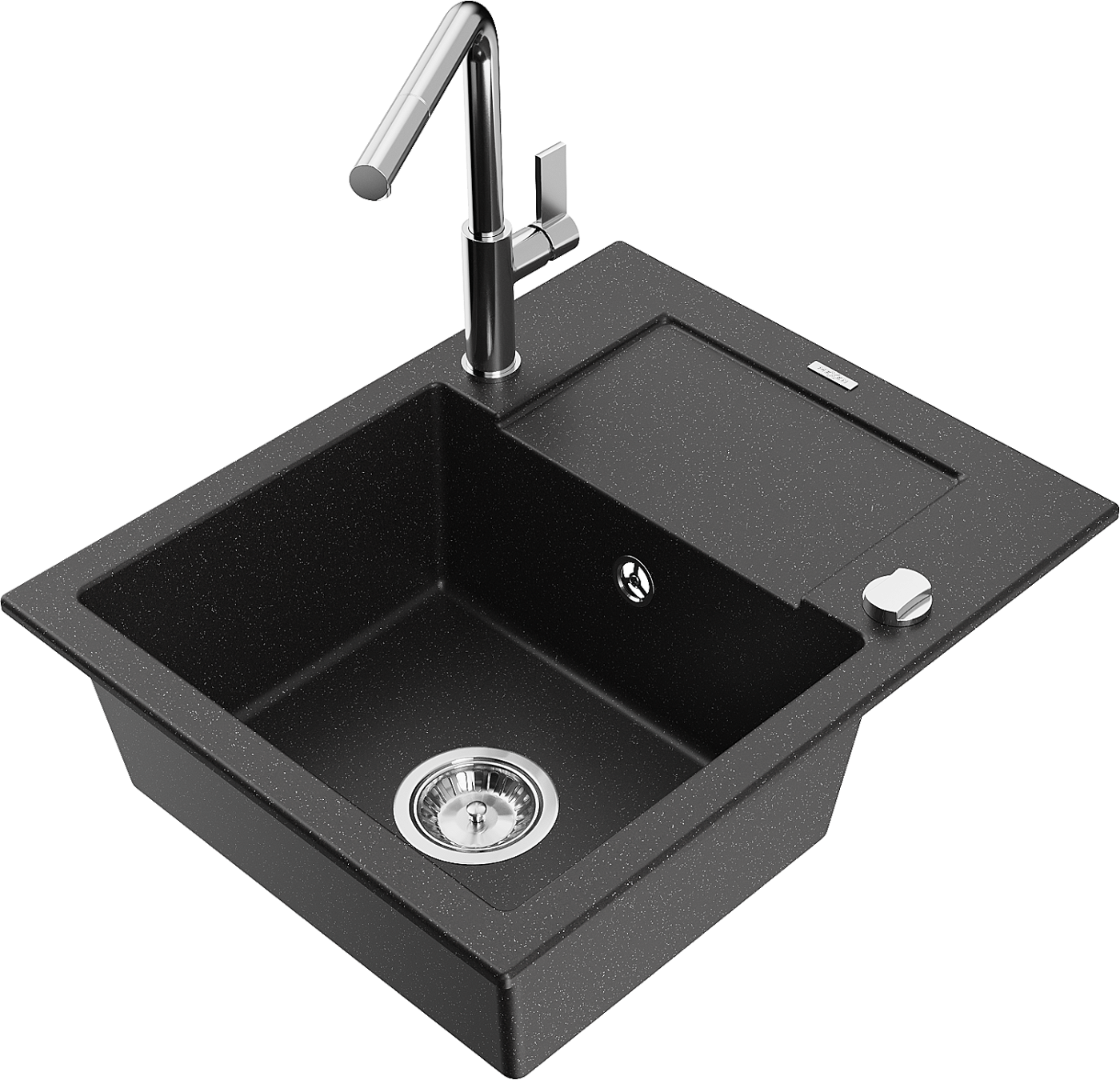 Mexen Enzo zlewozmywak granitowy 1-komorowy z ociekaczem i baterią kuchenną Flora, czarny/srebrny metalik - 6506-73-670401-00