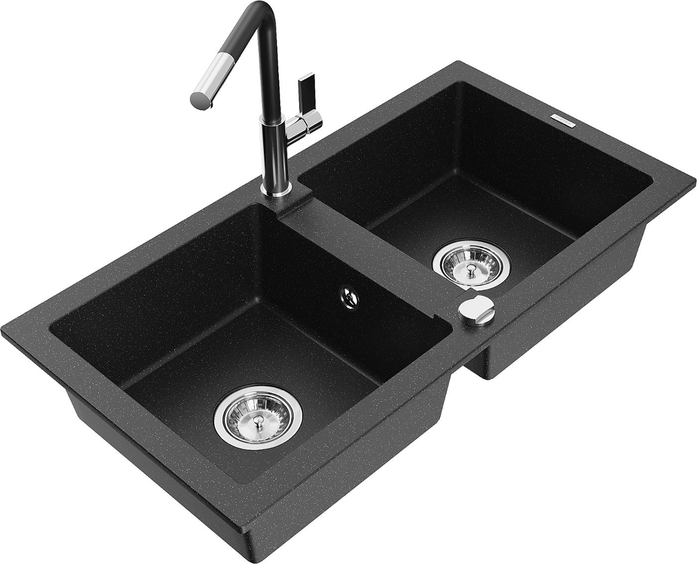 Mexen Mario zlewozmywak granitowy 2-komorowy z baterią kuchenną Flora, czarny/srebrny metalik - 6504-73-670401-07