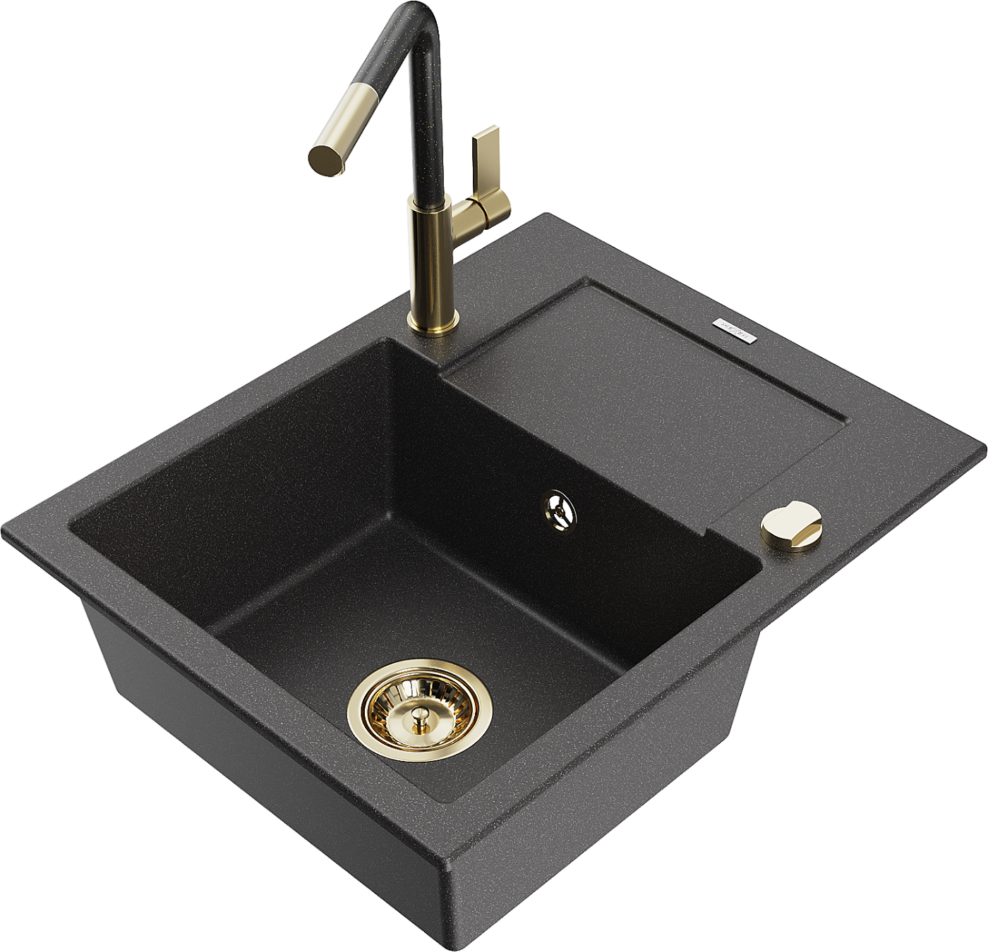 Mexen Enzo zlewozmywak granitowy 1-komorowy z ociekaczem i baterią kuchenną Flora, czarny nakrapiany - 6506-76-670401-75-G