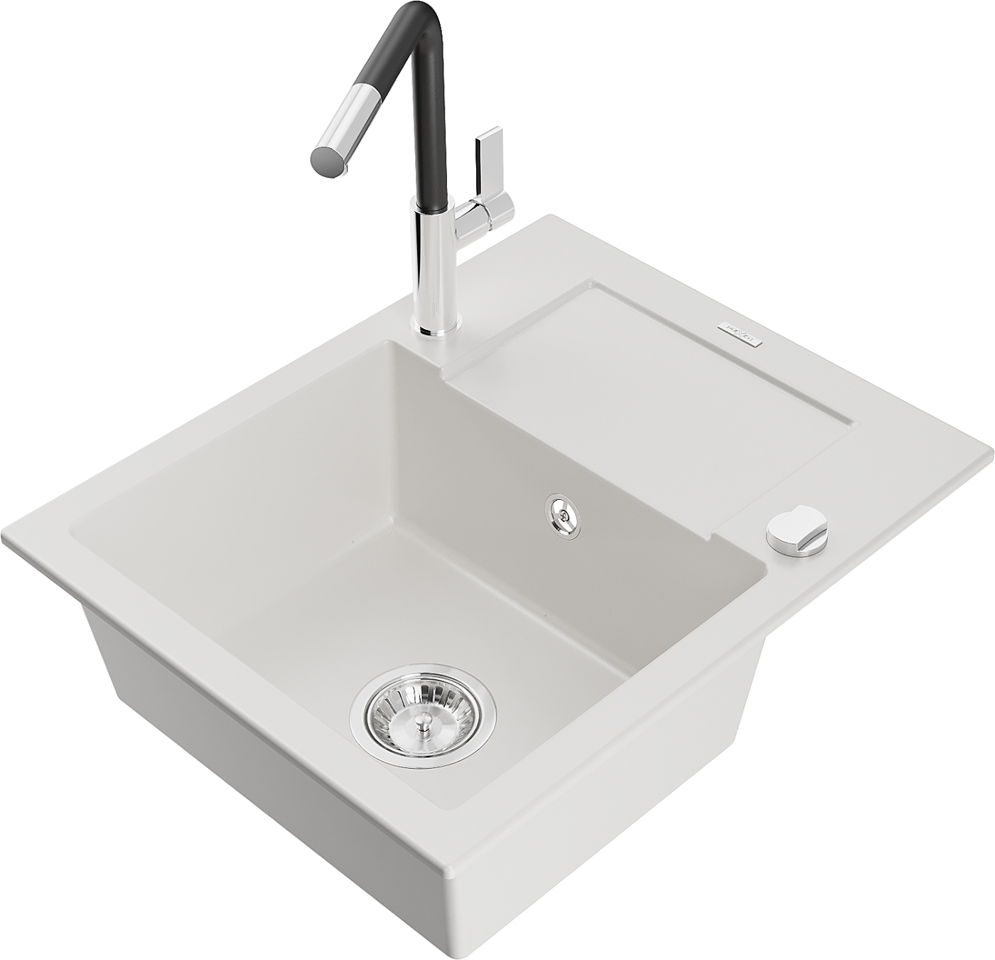 Mexen Enzo zlewozmywak granitowy 1-komorowy z ociekaczem i baterią kuchenną Flora, biały - 6506-20-670401-07