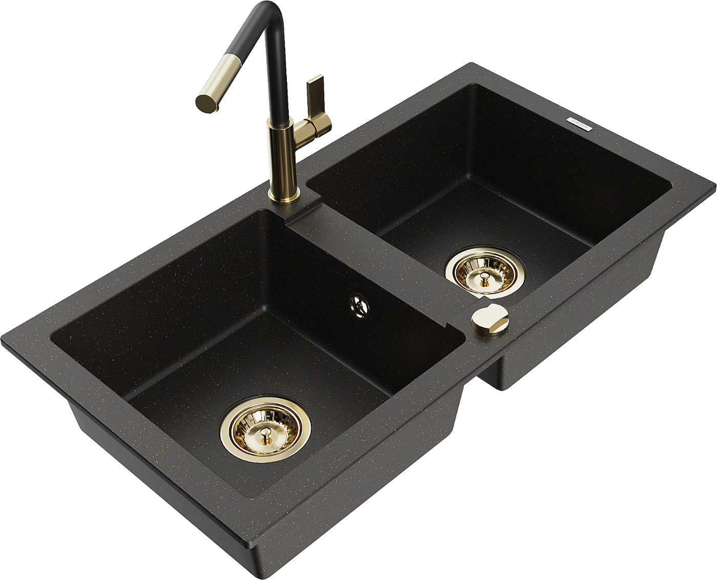 Mexen Mario zlewozmywak granitowy 2-komorowy z baterią kuchenną Flora, czarny/złoty metalik - 6504-75-670401-57-G